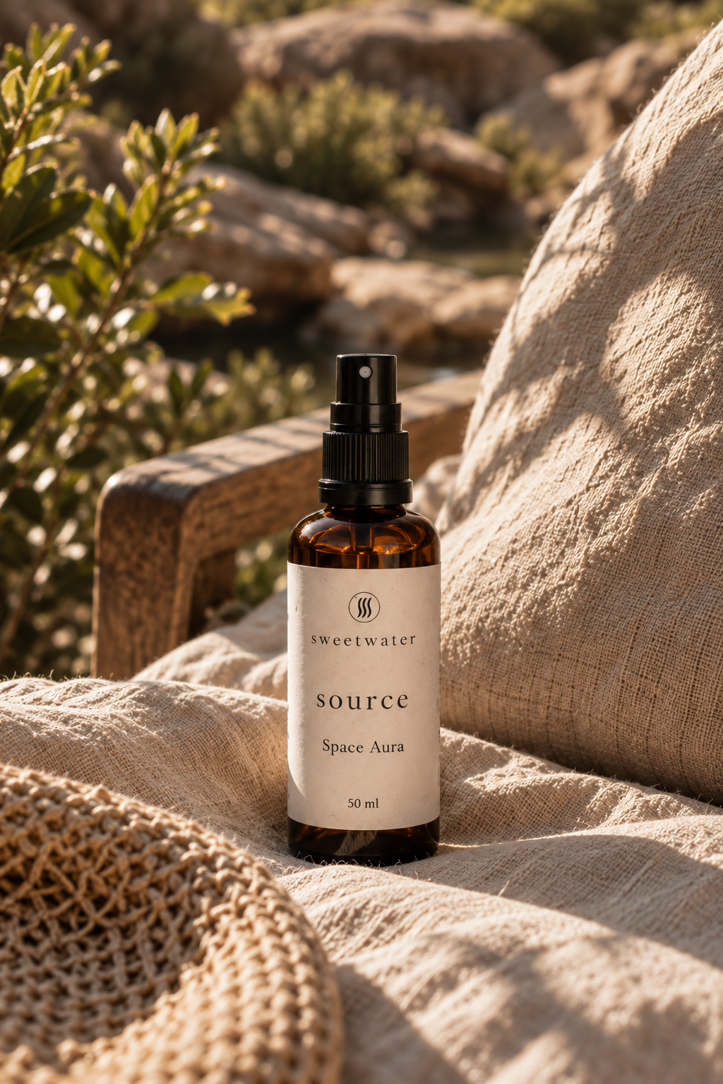 Source Space Aura 50ml amber bottle with black spray cap resting on sunlit linen and hessian
