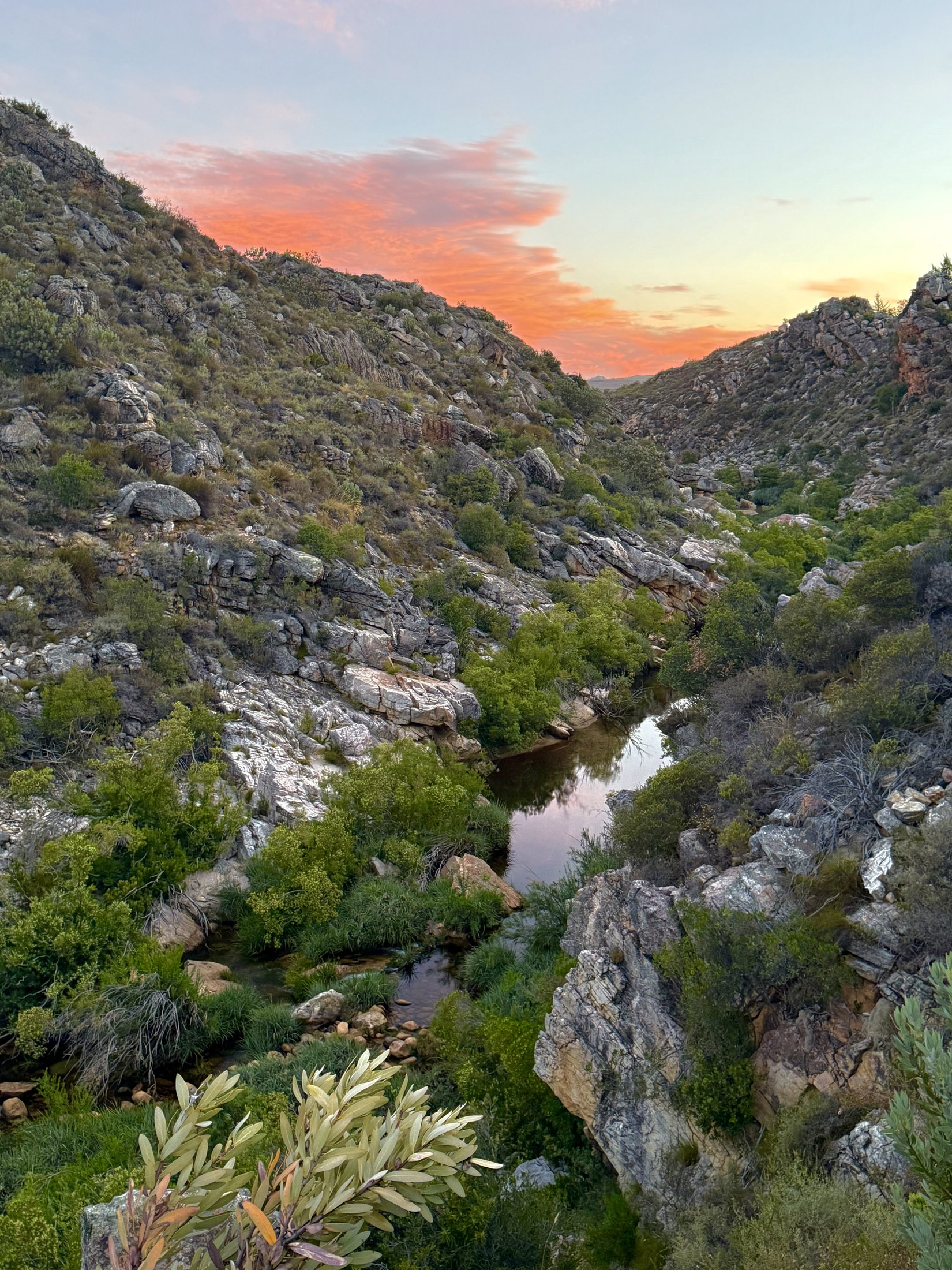 A rocky valley at sunset, a river moving through the gorge below