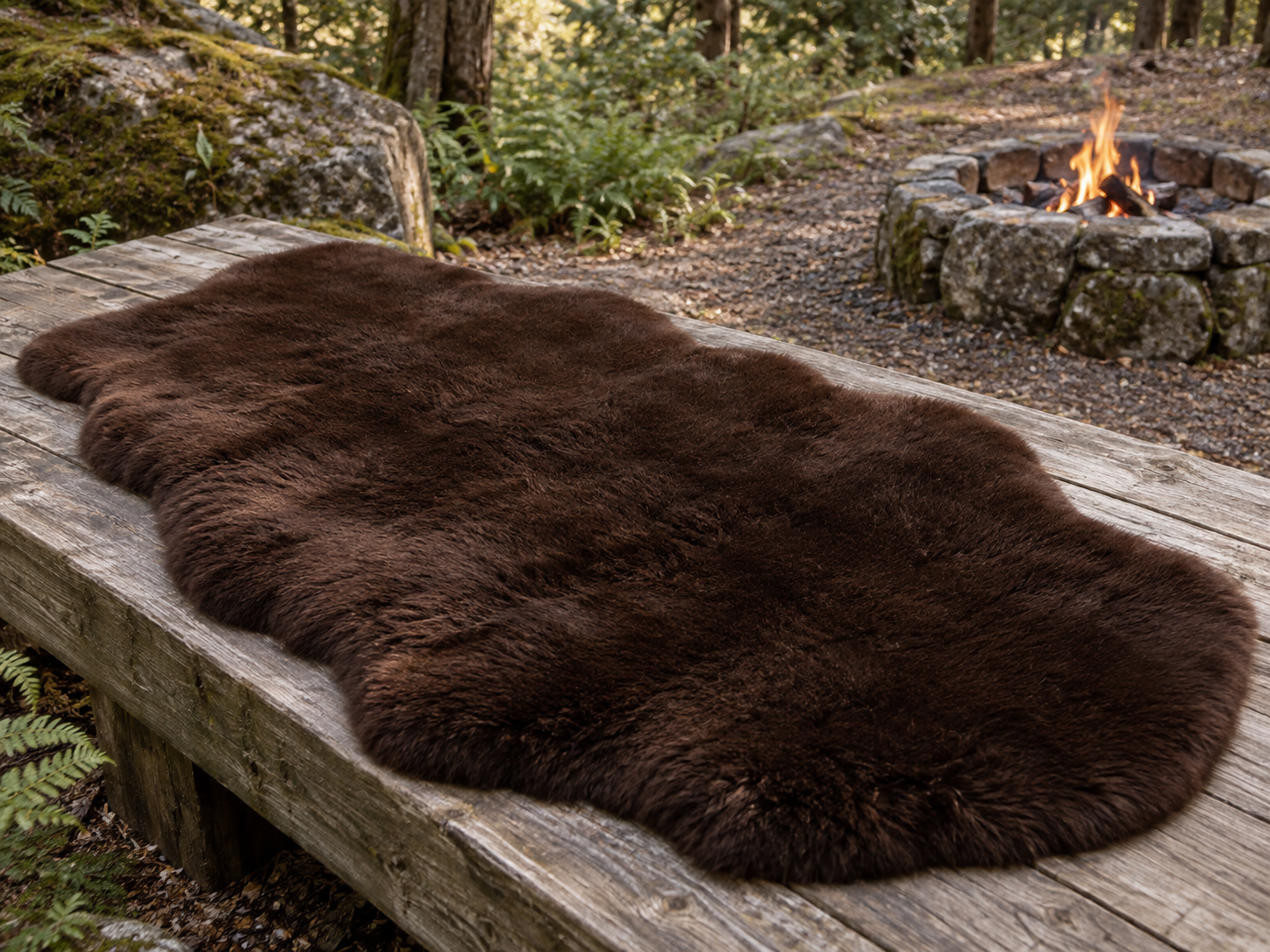 Dark brown Mesquite sheepskin on a weathered wooden bench with a fire pit in the forest