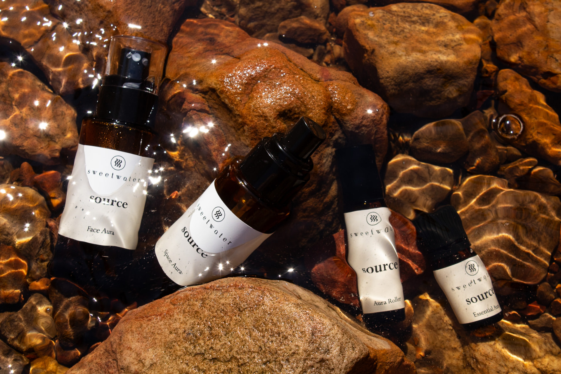 All four Source expressions — Face Aura, Space Aura, Aura Roller and Essential Aura — resting in a sunlit rock pool