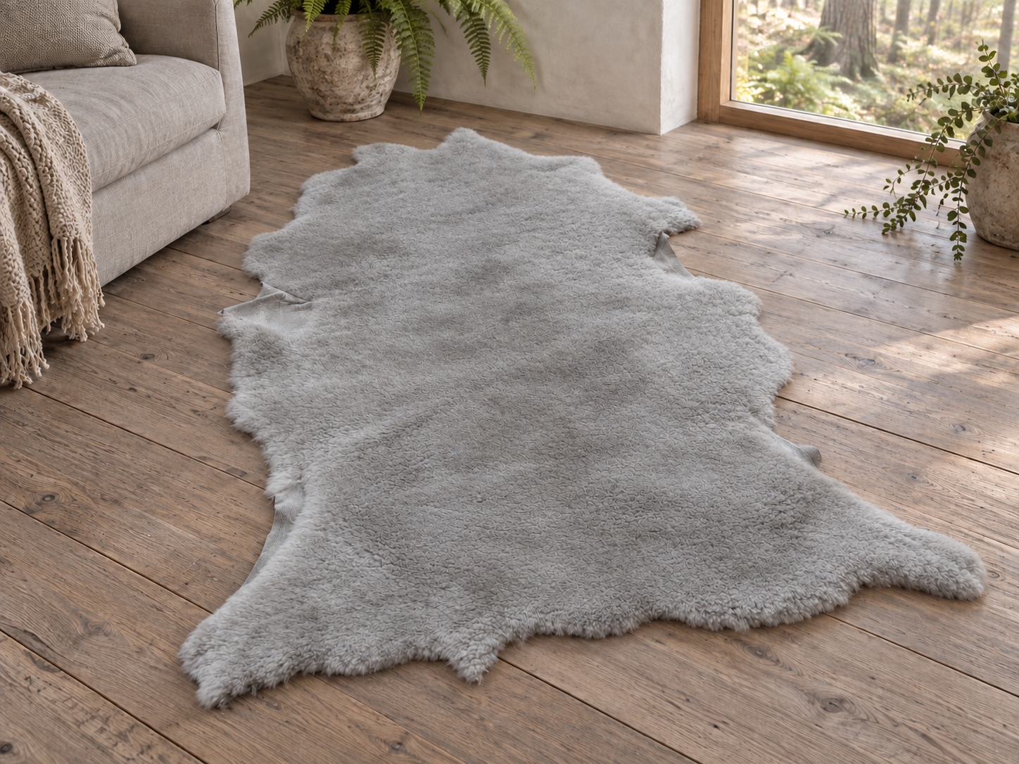 Light grey Lunar sheepskin laid on a sunlit wooden floor beside a linen sofa and potted ferns