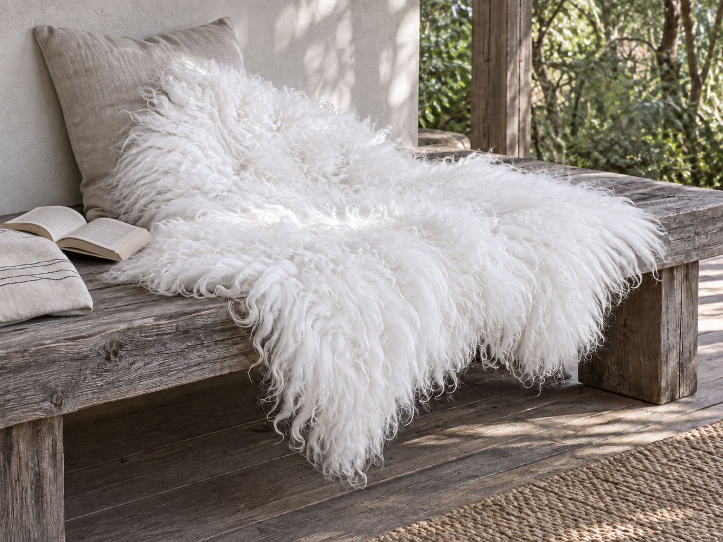 Himalayan long-hair sheepskin draped over a weathered wooden bench in dappled sunlight